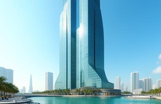 Exterior view of a modern commercial tower in Business Bay, Dubai