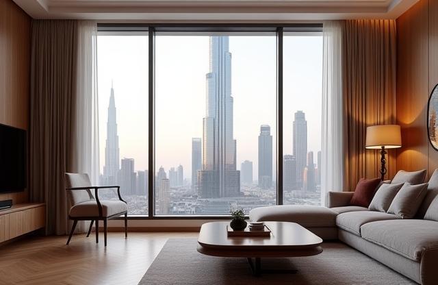Modern living room interior with a large window view of Burj Khalifa